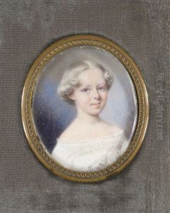 Portrait D'une Enfant Blonde Aux Yeux Bleus, Dans Un Cadre En Velours Gris Portrait D'une Enfant Blonde Aux Yeux Bleus, Dans Un Cadre En Velours Gris
