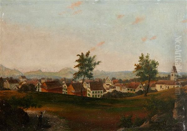 Village Avec Deux Arbres Et Un Clocher Sur Un Horizon De Montagnes - view 1