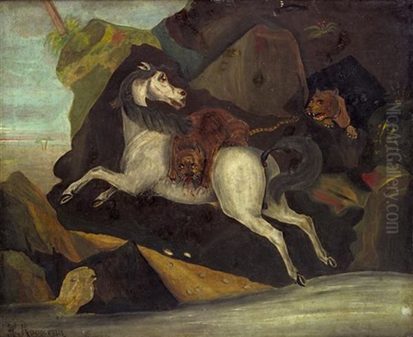 Cheval Attaque Par Deux Tigres - view 1