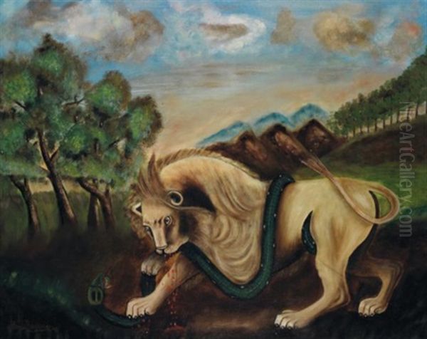Lion Devorant Un Boa - view 1