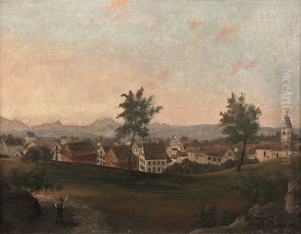 Village Avec Deux Arbres Et Un Clocher Sur Un Horizon De Montagnes - view 1
