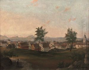 Village Avec Deux Arbres Et Un Clocher Sur Un Horizon De Montagnes