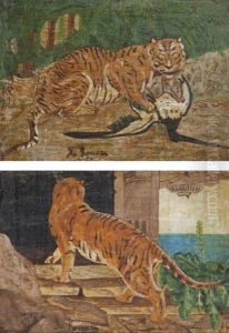 Tigre Au Temple Et Tigre Attaquant Un Ibis (2 Works) by Henri Julien Rousseau