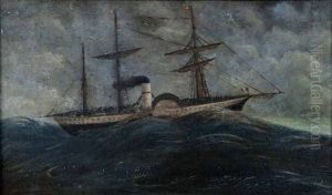 Vapeur A Roue Et A Trois Mats Dans Une Mer Dechainee by Henri Emilien Rousseau