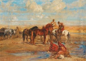 Laveuses Arabes Et Chevaux A L'oued