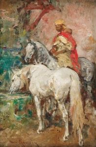 Cavalier Et Ses Chevaux A La Fontaine by Henri Emilien Rousseau