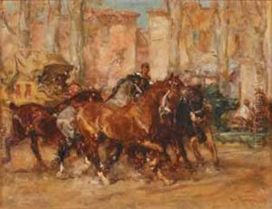 Palfrenier Conduisant Des Chevaux A La Fontaine by Henri Emilien Rousseau