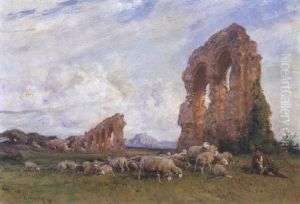 Berger Et Son Troupeau, Pres Des Ruines D'un Aqueduc Romain by Henri Emilien Rousseau