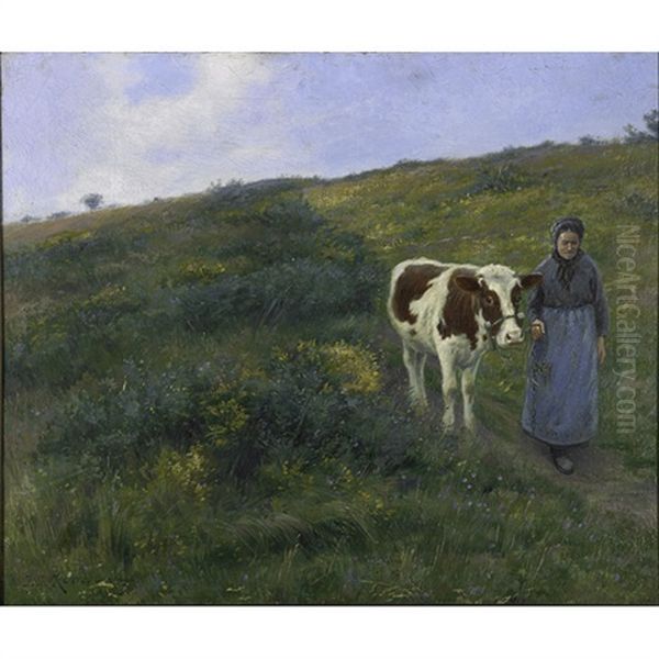 A Pasture With Breton Woman And Cow - view 1