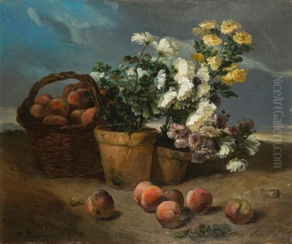 Nature Morte Aux Chrysanthemes Et Aux Peches De Vignes - view 1