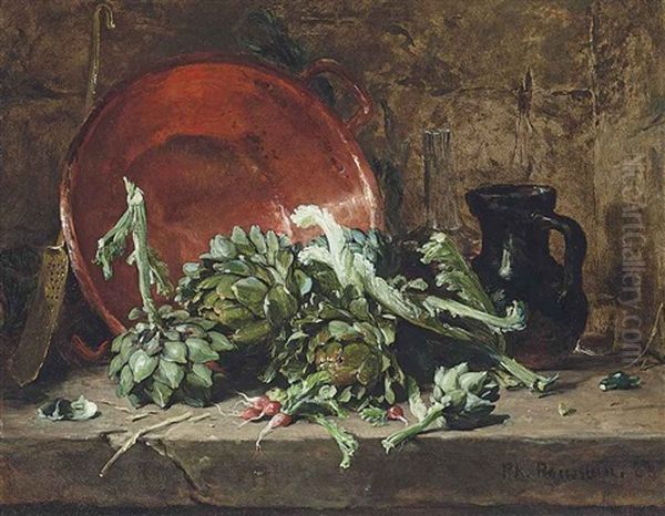 Artichokes And Radishes With A Copper Pot On A Stone Ledge - view 1
