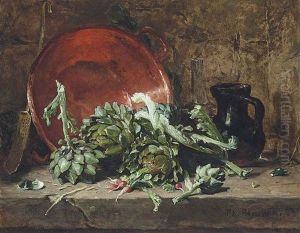Artichokes And Radishes With A Copper Pot On A Stone Ledge