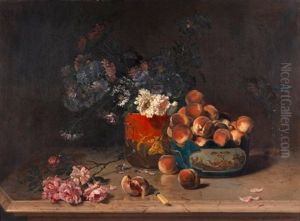 Nature Morte De Fleurs Et De Fruits Dans Des Rafraichissoirs En Tole Peinte by Philippe Rousseau