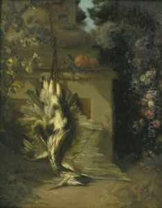 Nature Morte Au Heron Dans Un Jardin Fleuri