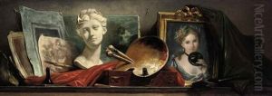 A Trompe-l'oeil Still Life Of A Portrait Of A Young Lady Holding A Mask, A Sculpted Marble Bust, A Palette With Paints And Brushes... by Philippe Rousseau