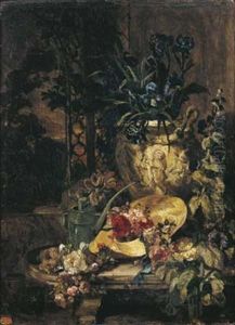 Nature Morte Aux Bouquet D'iris, Chapeau De Paille Et Arrosoir, Sur Une Table Et Arrosoir, Sur Une Table En Marbre Dans Un Jardin D'hiver