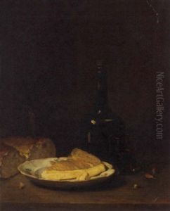 A Wine Bottle And Tumbler, A Slice Of Brie On A Plate, A Loaf Of Bread And Two Radishes, On A Ledge by Philippe Rousseau
