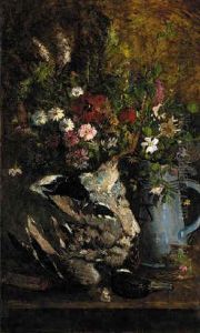 Summer Flowers In A Jug Alongside A Mallard On A Table
