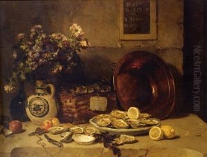 A Still Life With Oysters, Lemons And Chrysanthemums In A Vase by Philippe Rousseau