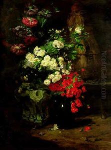 Roses, Poppies And Peonies In Vases With A Beehive Beyond by Philippe Rousseau