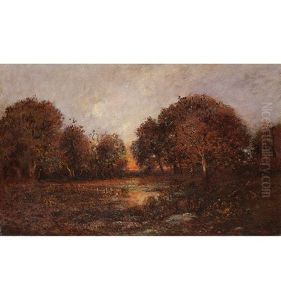 Baumbestandene Teichlandschaft Im Abendrot by Theodore Rousseau
