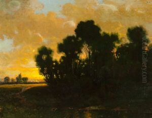 Barbizon Landscape With Trees Silhouetted Against An Orange And Yellow Sunset, A Path Leading To A Darkened Pond With A Village In The Distance by Theodore Rousseau