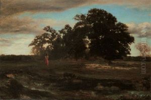 La Porteuse De Fagots. Bewaldete Landschaft In Der Umgebung Von Barbizon Mit Einer Reisigtragenden Frau. by Theodore Rousseau