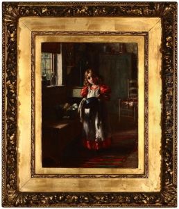 Portrait Of A Little Girl Washing A Pot In A Kitchen Interior by Frederick James Boston