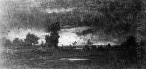 Grand Peuplier Dans La Plaine De Barbizon: Soleil Couchant by Theodore Rousseau