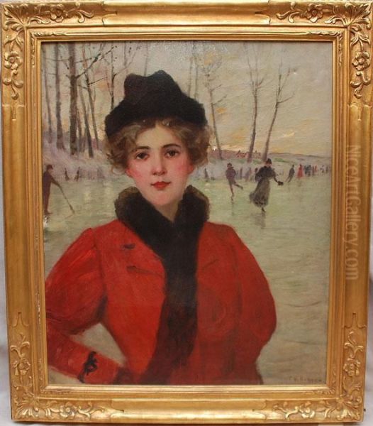 Young Woman W/ Ice Skaters In Background - view 1