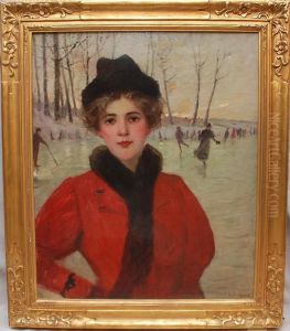 Young Woman W/ Ice Skaters In Background