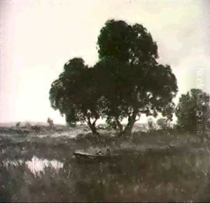 Barcaiolo In Un Paesaggio Fluviale by Theodore Rousseau