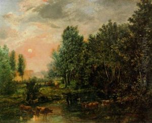 A Woodland Pond At Sunset by Theodore Rousseau