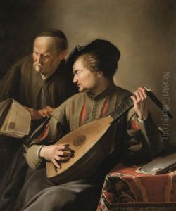 Lute Player Accompanying An Old Man Holding A Musical Score by Jacques des Rousseaux