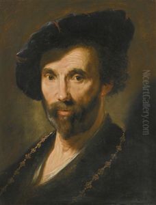 Portrait Of A Man, Head And Shoulders, Wearing A Blue Velvet Cap And Gold Chain