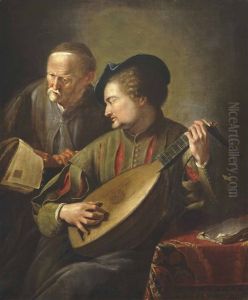 Two Men Playing The Lute And Singing Beside A Table In An Interior Two Men Playing The Lute And Singing Beside A Table In An Interior