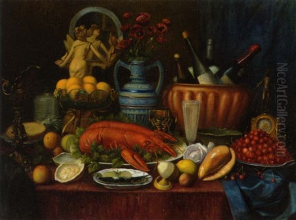 Opstilling Med Hummere, Vinflasker, Konkylie, Kirsebaer, Blomstervase Og Spejl Pa Et Bord - view 1