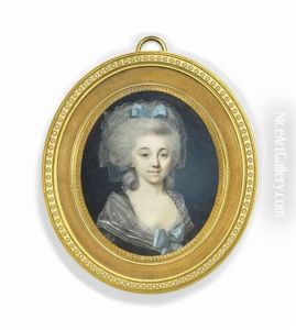 A Young Lady, In Black Dress With White Gauze Shawl Over Her Shoulders, Tied At Corsage With Blue Silk Ribbon, White Gauze Over Her Powdered Hair Dressed In Ringlets, Decorated With Blue Silk Ribbon by Pierre Rouvier