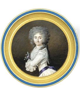 A Young Lady Holding A Pink Rose With Foliage, In Sprigged White Dress With Deep Lace Cuffs, Dark Blue Silk Sash, White Bordered Fichu Scarf Tied At Corsage, Long Powdered Curling Hair