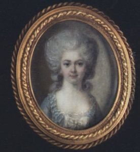 A Lady With Powdered Hair, Wearing Decollete Pale Blue Dress With White Lace Trim And Bow At Her Corsage by Pierre Rouvier
