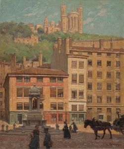 Belebter Platz In Lyon Mit Blick Auf Die Basilika Notre-dame De Fourviere by Charles Claude Etienne Rouviere
