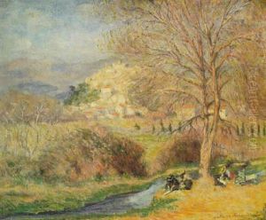 Paysage En Automne Avec Personnages Pres D'un Ruisseau by Joseph Victor Roux Champion