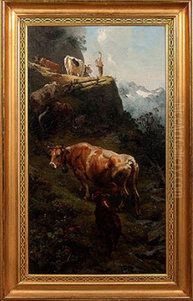 Hiker And Cows In A Mountainous Landscape - view 1