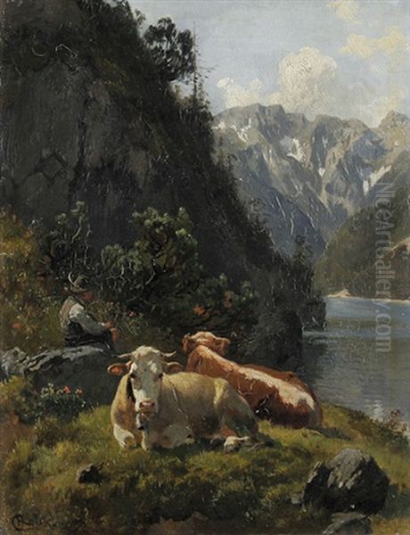 Alpenlandschaft Mit Hirtenjunge Am See - view 1