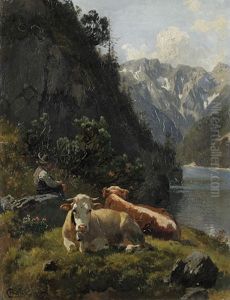 Alpenlandschaft Mit Hirtenjunge Am See Alpenlandschaft Mit Hirtenjunge Am See