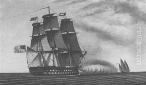 The Ship Of The Line "delaware" Flying An American 22-star Flag And Firing On An Algerian Fulacca While In The Mediterranean by Frederic Roux