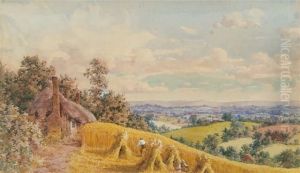 An Extensive English Scene With Thatched Cottage And Figures Harvesting by Philip A. Bosworth