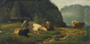 Rastende Kuhe In Landschaft by Karl Roux