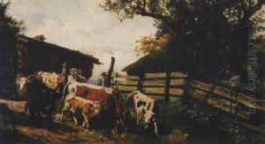 Bauernhof Mit Kuhherde Und Hirte by Karl Roux