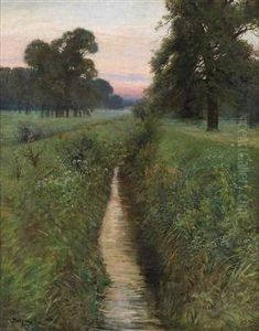 Large Landscape With Stream In The Sunset by Istvan Stefan Bosznay /